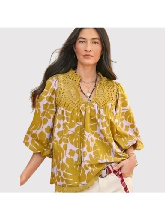 Sundance Tops - Sundance Harmonia Crochet V Neck Tasseled Blouse in Moss Floral Size L